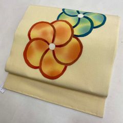 名古屋帯 なごや帯 九寸 帯 中古 リサイクル 黄色 クリーム 染め ポイント柄 普段着 お洒落着 紬 小紋 正絹 ハンドメイド 3054