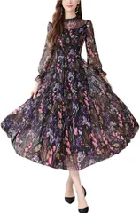 Ava Knights 母の日 花柄 シフォン レース 長袖 ワンピース XLサイズ( ブラック,  XL)