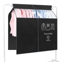 【即日発送】パイプハンガーカバー 見やすい透明窓付き マジックテープ開閉 洋服カバー 耐久性 取り付け簡単 防虫 防塵 衣類カバー 衣装カバー オックスフォード 固定紐 黒 ズレ防止 120cm高さ 110cm幅 クローゼット用 カバー ハンガーラック ブラッのサムネイル