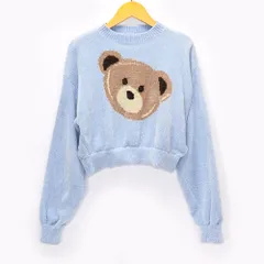H&M ショート丈 ニット セーター ハイネック 水色 ブルー系 ベア くま クマ レディース XS 155/80A