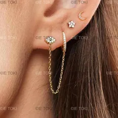 Evil Eye Hoop-女性用ダブルホールリンクチェーン キュービックジルコニア ジルコニア 月 星 ハギーピアス ファッショナブルなジュエリー 3個