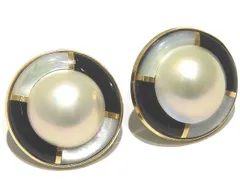 美品 K18 イエローゴールド イヤリング ☆ ラウンド マベパール オニキス シェル 両耳用 レディース ▼7D