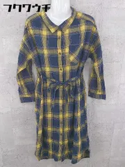 ◇ ◎ rps アールピーエス リボン付き チェック柄 長袖 ロング シャツ ワンピース サイズM イエロー ネイビー レディース 【中古】 【1002802364037】