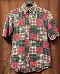 MADE IN USA製 CLEVE SHIRTMAKERS 半袖パッチワークボタンダウンシャツ レッド×グリーン XSサイズ