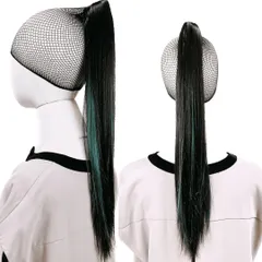 Luce brillare ポニテールウィッグ クリップ ストレート エクステ レディース ウィッグ グラデーション ハイライト ロング 短い 30cm 40cm 50cm 60cm 耐熱 子供 キッズ 髪飾り  [ナチュラルブラック/グリーン] [50cm]