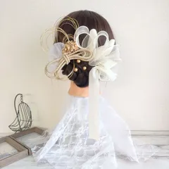 髪飾り ドライフラワー＊結婚式 成人式 卒業式 和装 打掛 振袖 袴~リボン ロープ チュール パール 水引~ホワイト ゴールド 白 金 7本