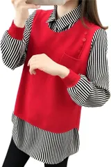 Four leaf 1枚で主役級 重ね着風 トップス レディース 長袖 チュニック 異素材 ミックス レイヤード風 ニットベスト ストライプ ブラウス シャツ 襟付き 縦縞 おしゃれxモダン(レッド,  Free Size)