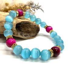 キャッツアイ(ライトブルー)×ピンクタイガーアイ パワーストーン ブレスレット  (ゴールド) メンズ・レディース　男性・女性　数珠ブレス 開運 [23]