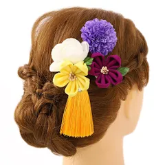 髪飾り 成人式 振袖 浴衣 卒業式 袴 結婚式 4点セット 黄 臙脂 紫 白  花 和 洋 かんざし 手作り 簪 つまみ細工 ちりめんフォーマル 花飾り 玉飾り ブライダル W 36 303-202 黄 臙脂 紫 p724　Si