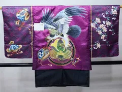 七五三 五歳 男児 羽織・着物・襦袢3点セット M寸 豪華絢爛 金刺繍 綸子地 赤紫系 鷹 お仕立て無料 祝着 NO37844-2