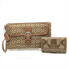 良品 COACH コーチ シグネチャー ポーチ 6連 キーケース 小物入れ ミニ バッグ キャンバス ブラウン レディース 2点 セット k4262