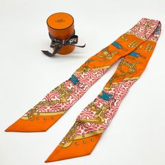 HERMES エルメス ツイリースカーフ Mors et Gourmettes Remix モール・エ・グルメット・リミックス 馬銜と鎖 シルク100% オレンジ系 マルチカラー【中古】Aランク　6_177
