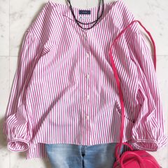 極美品【SHIPSシップス】パフスリーブブラウス フリーサイズ ピンク×白 ストライプ コットン100%