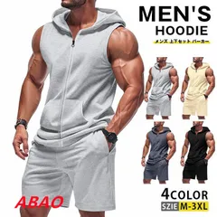 【新商品が大人気です！】セットアップ メンズ 上下セット パーカー 半袖 スウェット ノースリーブ フード付き 無地 ベスト ハーフパンツ メンズファッション 夏物 父の日 yz0613