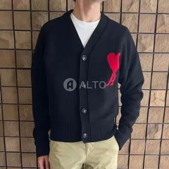 ★2024秋冬入荷★ AMI PARIS アミ パリス BFUKC002 Vネック カーディガン ローゲージニット ハートロゴ刺繍 長袖 ブラック  メンズ