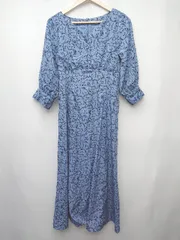 ◇ ⊂ mysty woman 花柄　パフスリーブ　フロントボタン 長袖 膝下 ワンピース サイズM ブルー レディース P  【1410230011339】