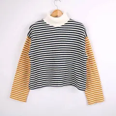 ザラ ニット セーター 長袖 タートルネック ショート丈 ボーダー 切替 トップス レディース Lサイズ ネイビー ZARA 【中古】