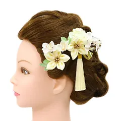 髪飾り 成人式 つまみ細工 振袖 前撮り 袴 花 2点セット 桜 サクラ さくら 白 ゴールド ちりめん 房 房付き 組紐 かんざし U型 No.9-5034