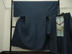 平和屋着物●男性　紬　アンサンブル　濃紺地　正絹　逸品　CAAT0563dy