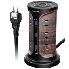 NVEESHOX 電源タップ タワー型 usbコンセント 延長コード 2m 12個AC口 3個USBポート 雷ガード 固定パーツ付 3層 たこ足配線 テーブル OAタップ マルチタップ たこあし 壁掛け 安全保護機能 自宅用 会社用 1年間品質 木目調 0