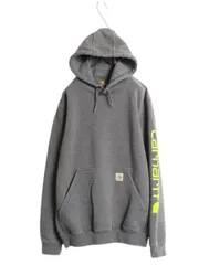 【お得なクーポン配布中!】 カーハート 袖 プリント スウェット フード パーカー メンズ M CARHARTT トレーナー 裏起毛 プルオーバー ミドルウェイト チャコールグレー