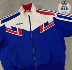 adidas アディダス TrackJacket トラックジャケット ジャージ ワンポイント 刺繍ロゴ Embroidery ポリエステル Polyester デサント DESCENTE 日本製 トリコカラー Tricolore 青白赤 L相当