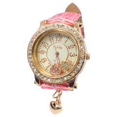 ダブルハートムーブクリスタル腕時計 ホワイト×ピンク ラインストーン ハートチャーム レディース 腕時計