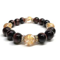 12mm 四神獣金彫水晶×レッドタイガーアイ パワーストーン ブレスレット天然石 開運 金運 ギャンブル運 お守り 青龍 白虎 玄武 朱雀 （ゴールド）メンズ・レディース 男性・女性 数珠ブレス 開運 ■
