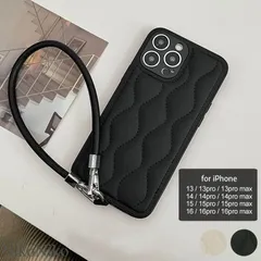 【ブラック】ショップにこにこ ハンドストラップ キルティング スマホケース ma 【即納】 iPhone スマホカバー iPhoneカバー 13 14 15 16 シリコン ソフトケース 韓国スマホケース ぷくぷく ベージュ ブラック 黒