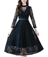 [グリーンパキラ] 結婚式 ワンピース ドレス レディース 長袖 ドレスワンピース レース 春 秋 オケージョンドレス パーティードレス 大きいサイズ ロング 総レース 秋服 (JP, アルファベット, M, 標準, ブラック) [ブラック] [M] [標準]