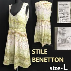 スタイルベネトン/STILE BENETTON★ノースリーブワンピース【レディースL/白×黄緑/white×yellow green/総柄】膝丈/Tops/dress◆SBH881<sale>