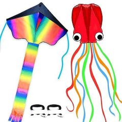 2_レインボー＆レッド章魚 カイト 凧 凧揚げ 三角凧 章魚凧 二個セット よく飛ぶ