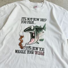 90s USA製 WORM Black Bass Printed T-shirt フィッシング ワーム ブラックバス 魚 Tシャツ TEE POP ファニープリント