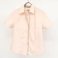 WG25100 美品 BURBERRY バーバリー ストレッチ 半袖 シャツ コットン ノバチェック柄ライン ホースロゴ刺繍 ボタンダウン ブラウス Mサイズ ライトピンク レディース