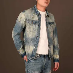 メンズ ファッション 服 男性用 オシャレ シンプル 大人 かっこいい 大きいサイズ ストリート 紳士服 アメリカン レトロ デニム ジャケット スリム フィット ウォッシュド リップド