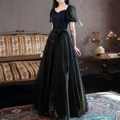 カラードレス ロングドレス ブラック パフスリーブ 半袖 Aラインドレス 演奏会 発表会 イブニングドレス 二次会 披露宴 花嫁 コンサート シンプル 大人 ライトドレス 0974