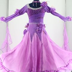 社交ダンス衣装】パープル ワンピース ドレス 紫 フロート 花