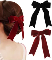 Herbeluemily(ハベルミリィ) ベロアリボン バレッタ ヘアアクセ ヘアアクセサリー ベルベット 髪留め(ブラック＋レッド)