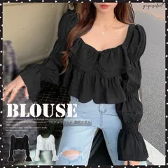 ブラウス スクエアネック 胸元フリルショート丈トップス レディース パフスリーブ 韓国ファッション シャツブラウス 無地 プルオーバー シャーリングキレイめ ブラウス へそ出し トップス 着やせ シャツ