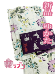 LY1067CR　«花ラブリ»　新品　レディース　浴衣単品　ゆかた　綿１００％　白系　ホワイト系　クリーム系　紫の花　パープル　萩　撫子　秋　和風　和柄　和装　和服