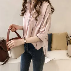 春物シャツレディース 七分袖トップス ブラウスシャツ 前後差 ラウンド スリット 可愛い 通学通勤 30代40代50代60代 ストライプ 白 ピンク
