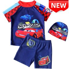 ✨新品✨キッズ 水着 カーズ ライトニングマックイーン 男の子 ラッシュガード 上下セット スイムウェア 子供用 水遊び プール 海水浴 速乾 UVカット 帽子付き 3点セット キッズ水着 スイミング 100cm 110cm 120cm 130cm
