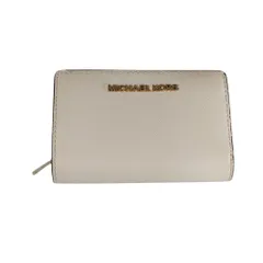 美品 MICHAEL KORS マイケルコース ジェットセットトラベル ビルフォールド ジップ コンパクトウォレット ミディアム 財布 ベージュ レディース 古着 中古 USED