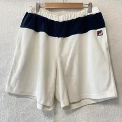 80s 90s ヴィンテージ！(^w^)b FILA フィラ 日本製 パイル地 ショートパンツ ハーフパンツ レトロ 古着 ボトムス スポーティ ルームウェア ホワイト×ネイビー メンズ 男性 サイズXL