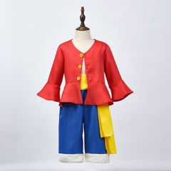 新品未使用 ワンピース ルフィ コスプレ衣装 子供用 上下セット 赤ジャケット 青ハーフパンツ 腰布付き コスチューム ハロウィン イベント 撮影会 プレゼント 仮装 男の子向け 高品質 cosplay 衣装セット