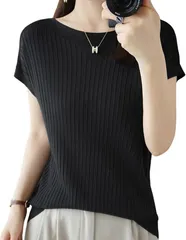 Dep Club サマーニット レディース 半袖 フレンチスリーブ カーディガン サマーセーター インナー リブ 薄手 トップス カットソー 5分袖 きれいめ(ブラック,  L)