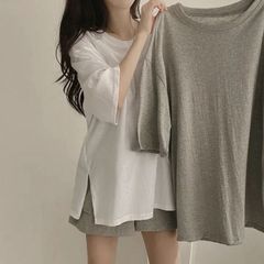 Tシャツ レディース 半袖Tシャツ クルーネック スリット入り 半袖 シンプル カジュアル 大人 おしゃれ 通勤 通学 上品 体型カバー ゆったり 夏服 無地 可愛い 夏 大人 着痩せ 20代 30代 40代 xzdscsn