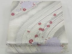 R61袋帯 六通柄 夏帯 銀糸 流水 花草 竹 紗ベージュ正絹 着物帯仕立て