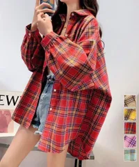 レディース オーバーサイズ チェックシャツ トップス パフスリーブ ロング 長袖
