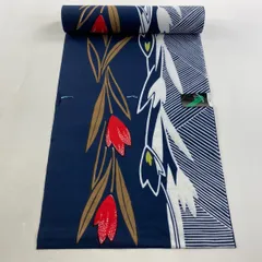 反物 優品 浴衣 草花 斜縞 青黒 綿 【中古】